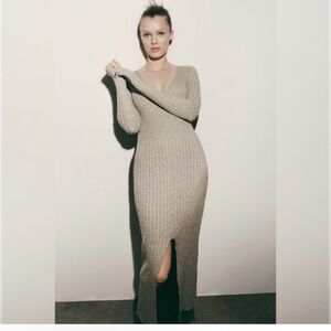 Zara Long Sleeve Ribbed Knit Dress in Cream